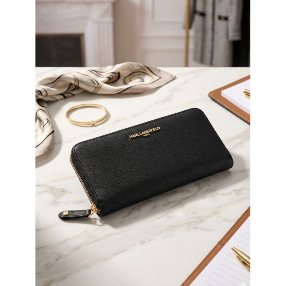 Karl Lagerfeld paris black Gold Tone Womens Coin Card zip around wallet